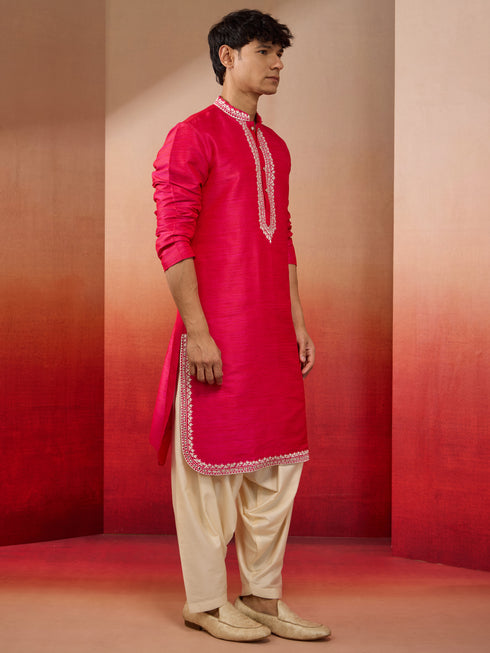 Men's Pink Phantom Silk Hand Embroidered Kurta with Cream Patiala Set