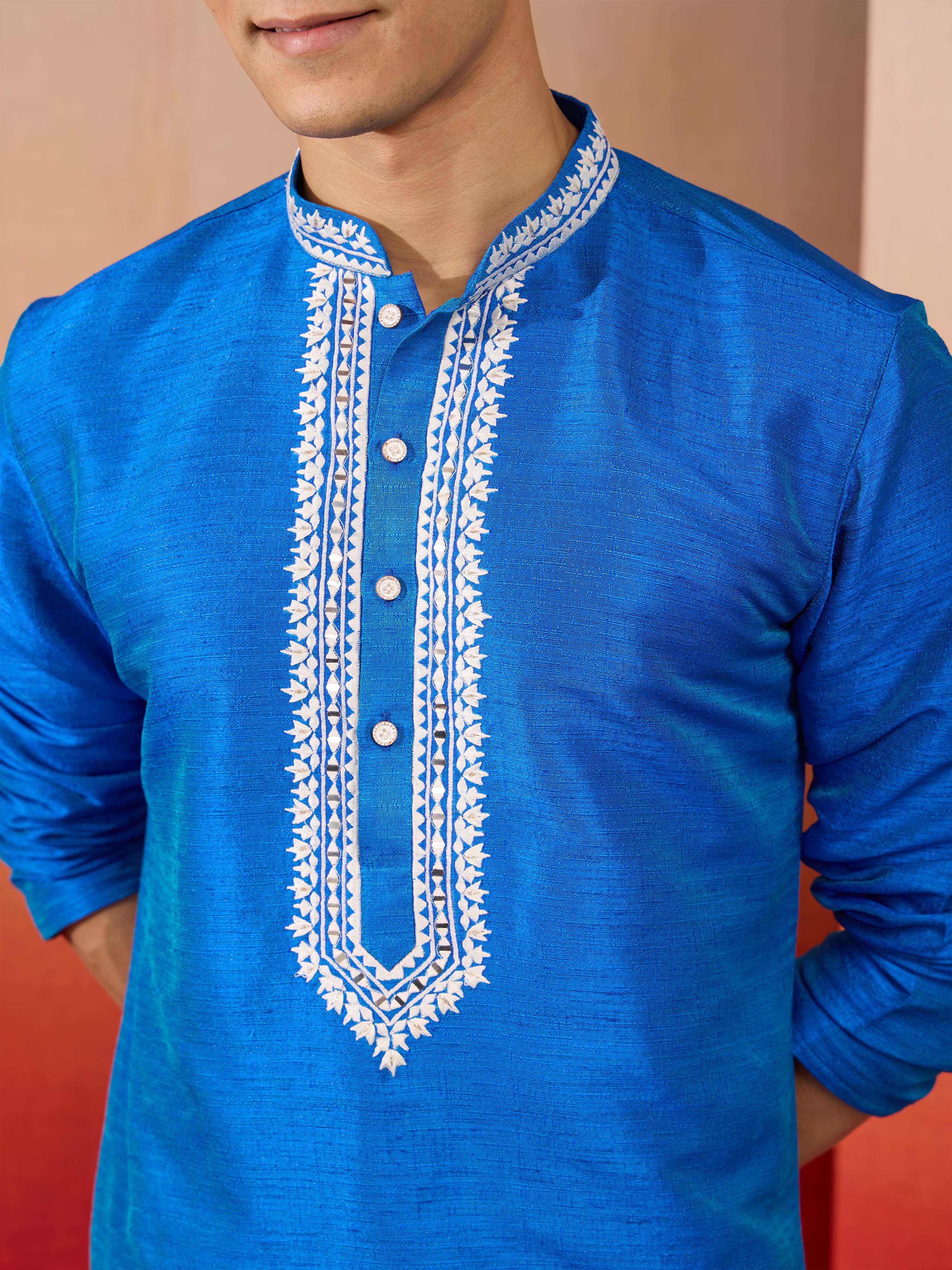 Men's Royal Blue Hand Embroidered Silk Kurta