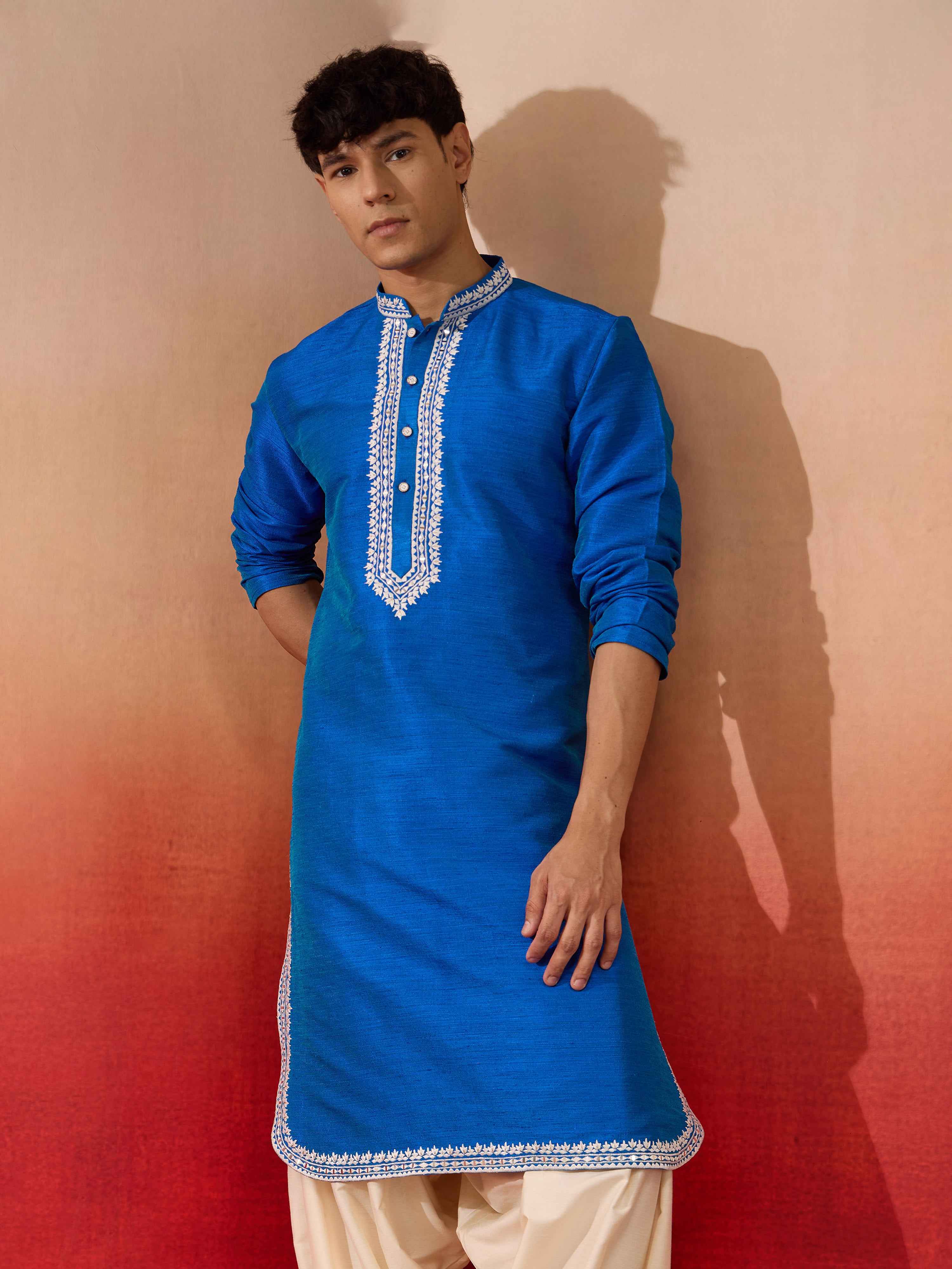 Men's Royal Blue Hand Embroidered Silk Kurta