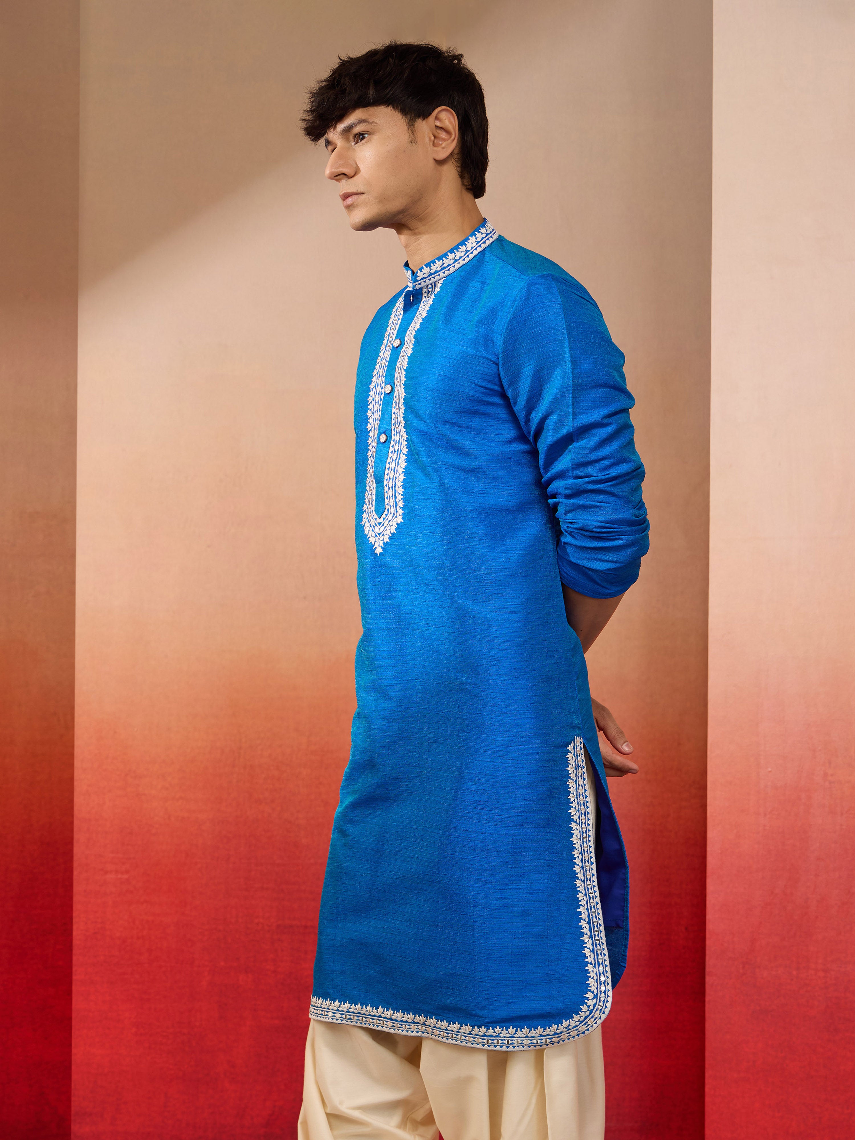 Men's Royal Blue Hand Embroidered Silk Kurta