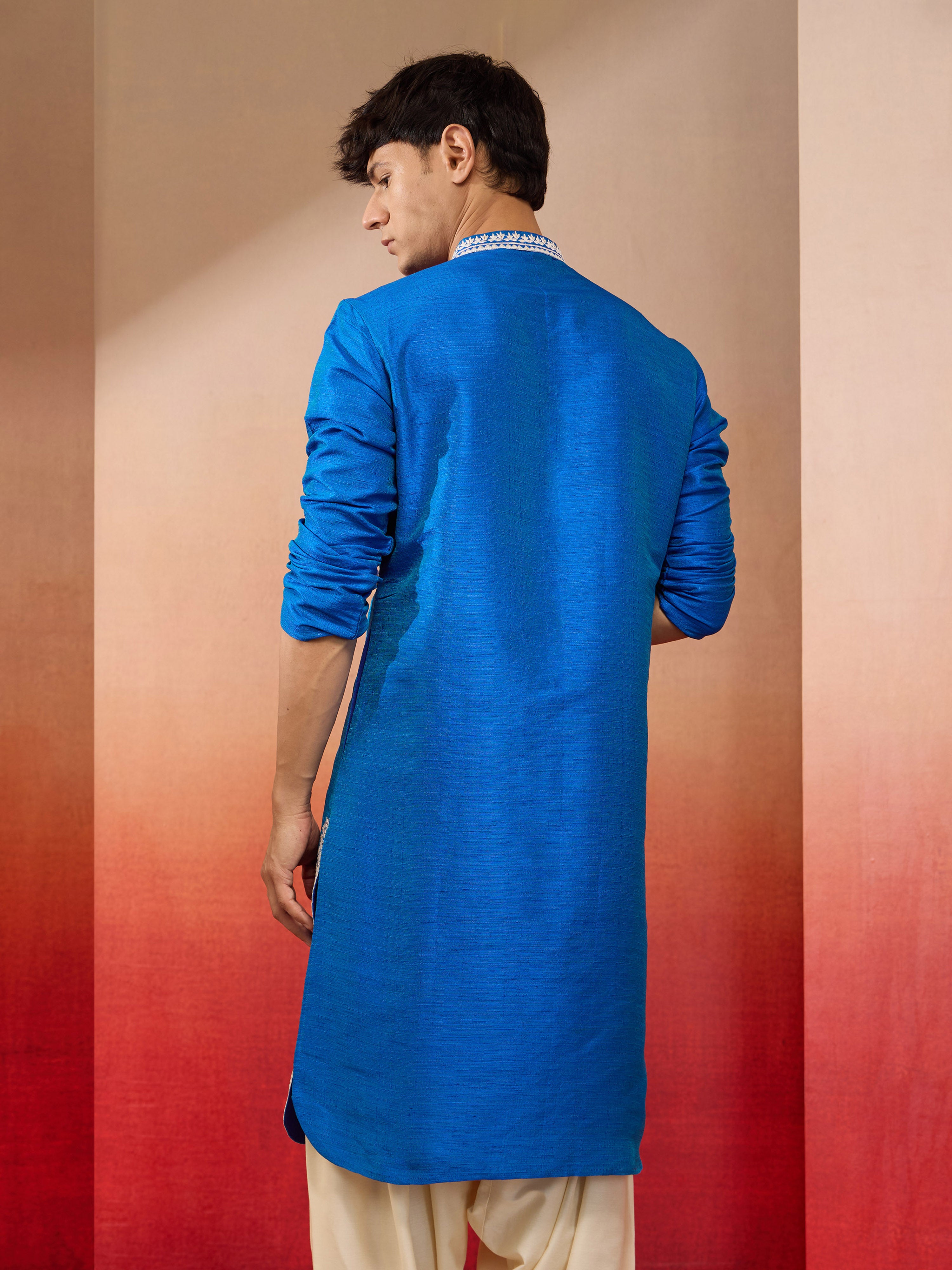 Men's Royal Blue Hand Embroidered Silk Kurta