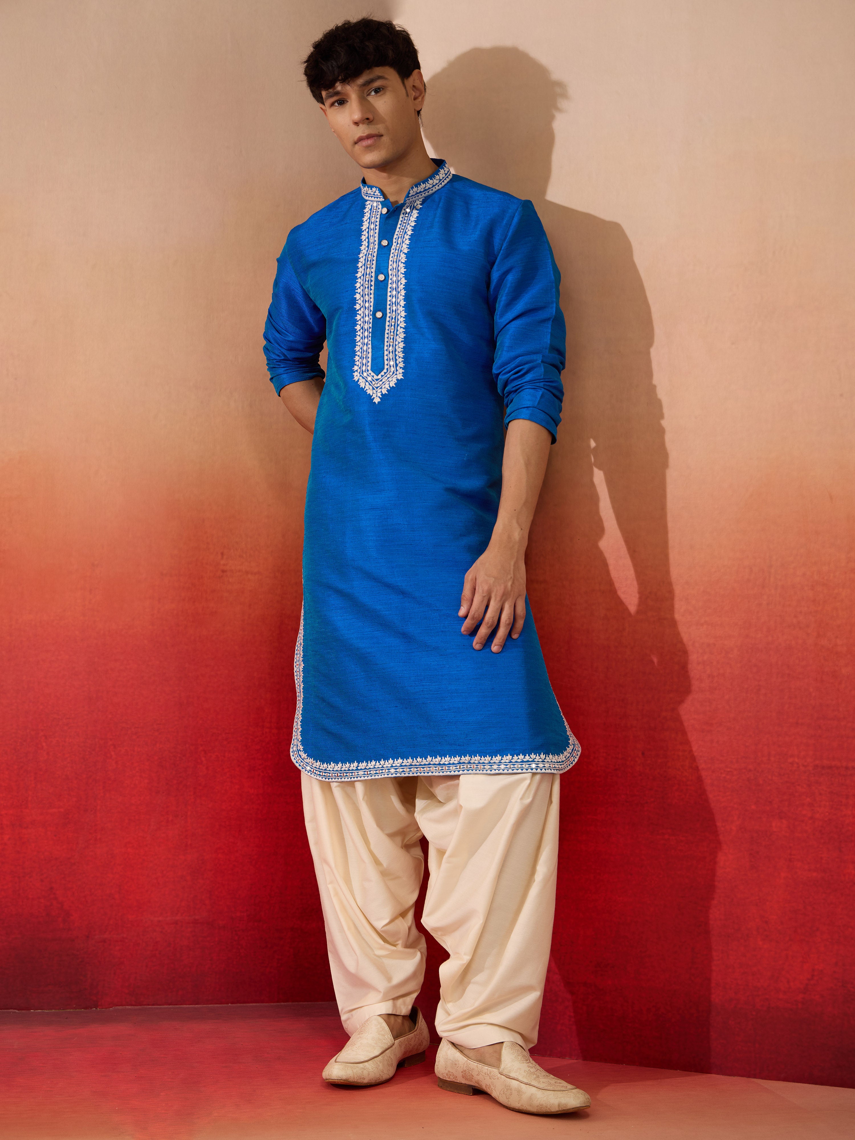 Men's Royal Blue Phantom Silk Hand Embroidered Kurta with Cream Patiala