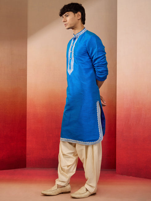 Men's Royal Blue Phantom Silk Hand Embroidered Kurta with Cream Patiala