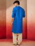 Men's Royal Blue Phantom Silk Hand Embroidered Kurta with Cream Patiala