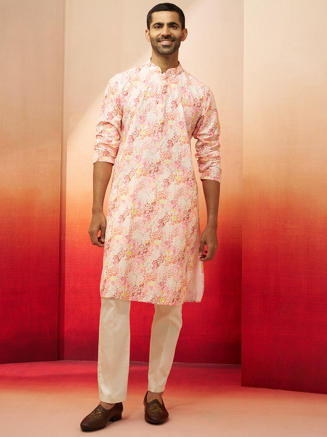 Men Multi Color Cotton Floral Sequin Kurta