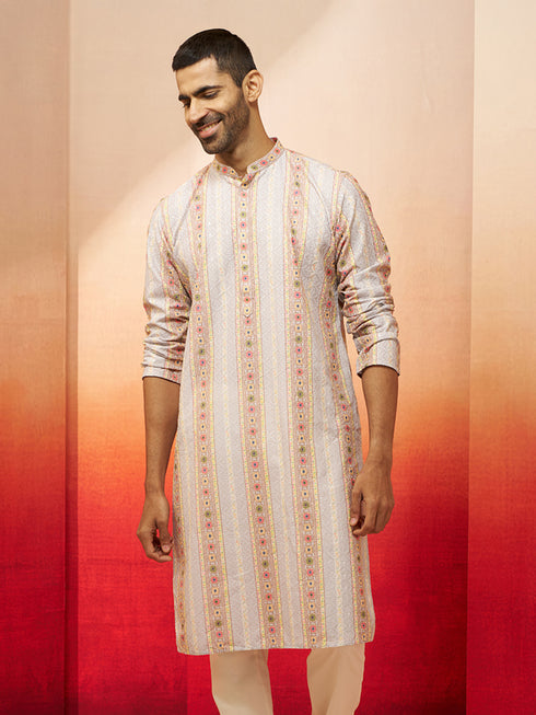 Men Grey Cotton Sequin Embroidered Kurta