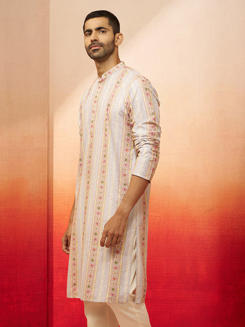 Men Grey Cotton Sequin Embroidered Kurta