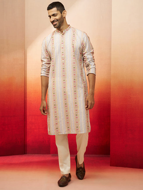 Men Grey Cotton Sequin Embroidered Kurta