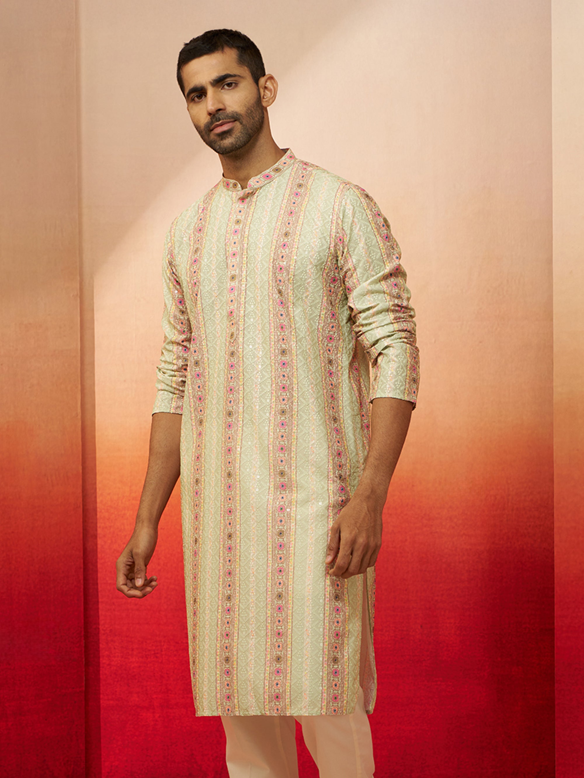 Men Mint Green Cotton Sequin Embroidered Kurta