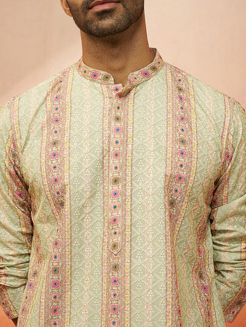 Men Mint Green Cotton Sequin Embroidered Kurta