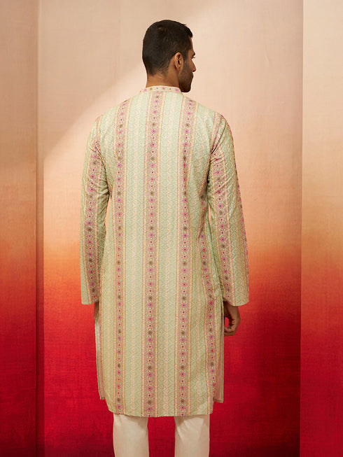 Men Mint Green Cotton Sequin Embroidered Kurta