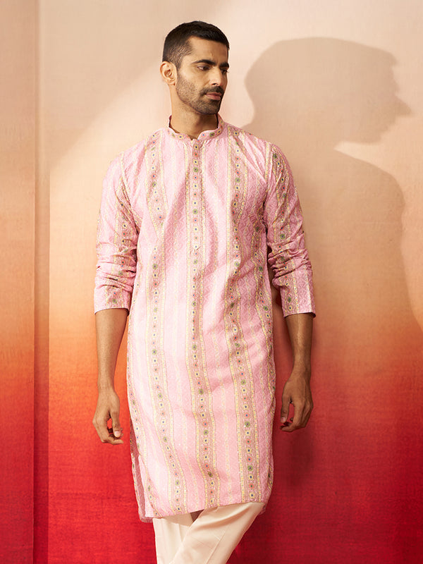 Men Peach Cotton Sequin Embroidered Kurta