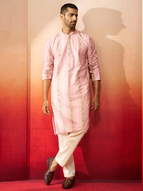 Men's Peach Digital Print Kurta with Pyjama