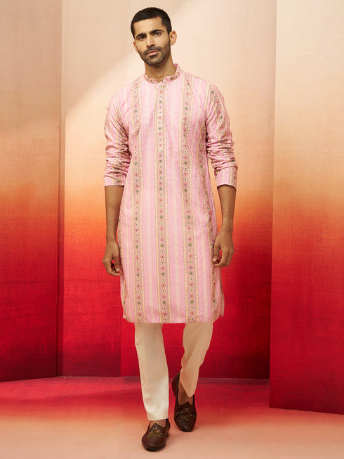 Men's Peach Digital Print Kurta with Pyjama