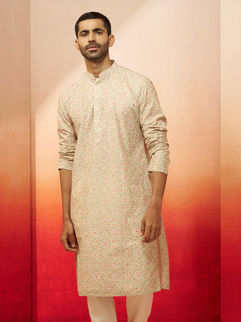 Men Green Cotton Floral Sequin Embroidered Kurta