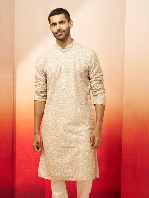 Men Green Cotton Floral Sequin Embroidered Kurta