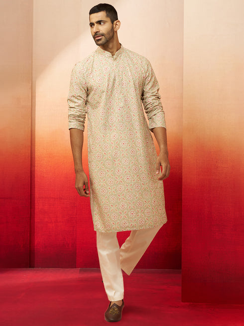 Men Green Cotton Floral Sequin Embroidered Kurta