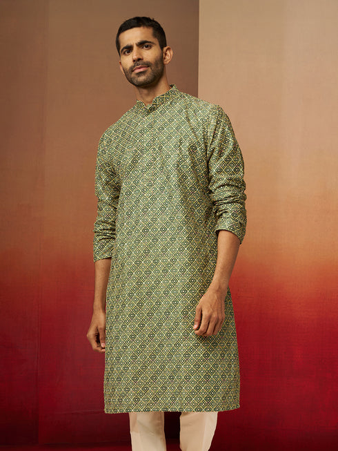 Vastramay Men Green Cotton Gems Work Kurta