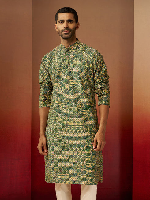 Vastramay Men Green Cotton Gems Work Kurta