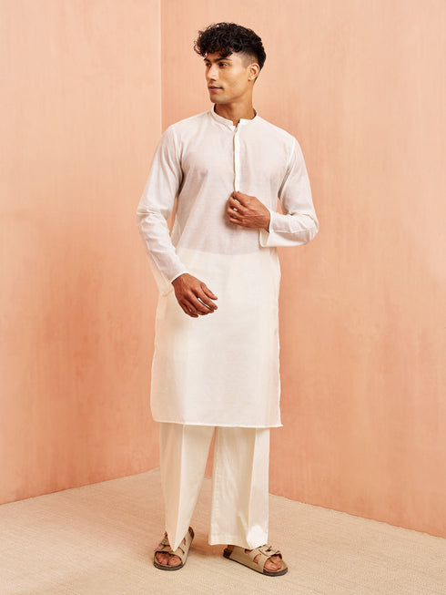 Men's Cream Chanderi Kurta with Cream Pant Set