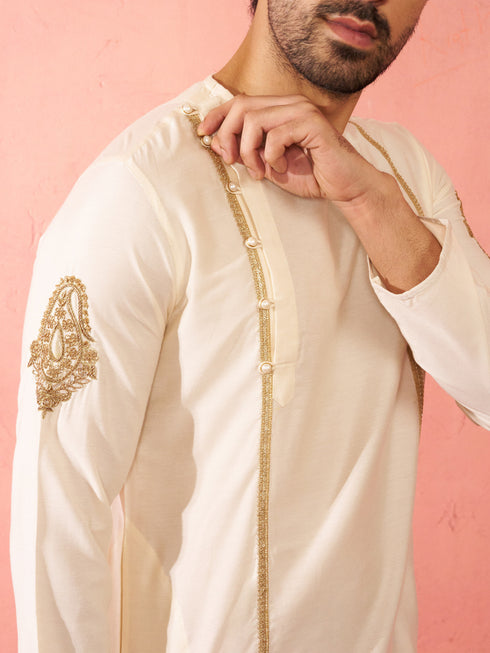 Men's Cream Zardozi Embroidered Viscose Kurta