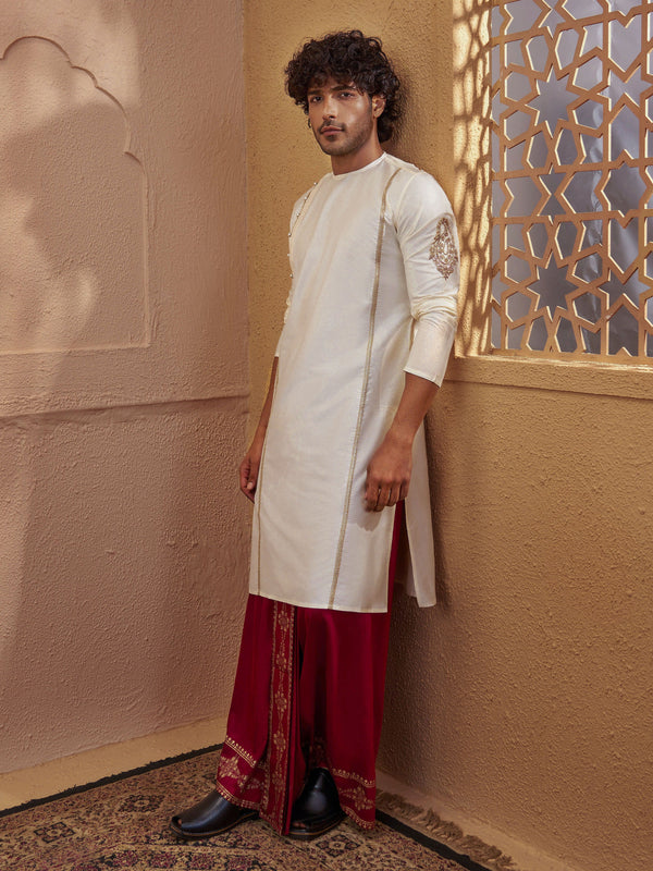 Cream Viscose Zardozi Kurta Dhoti Set for Men