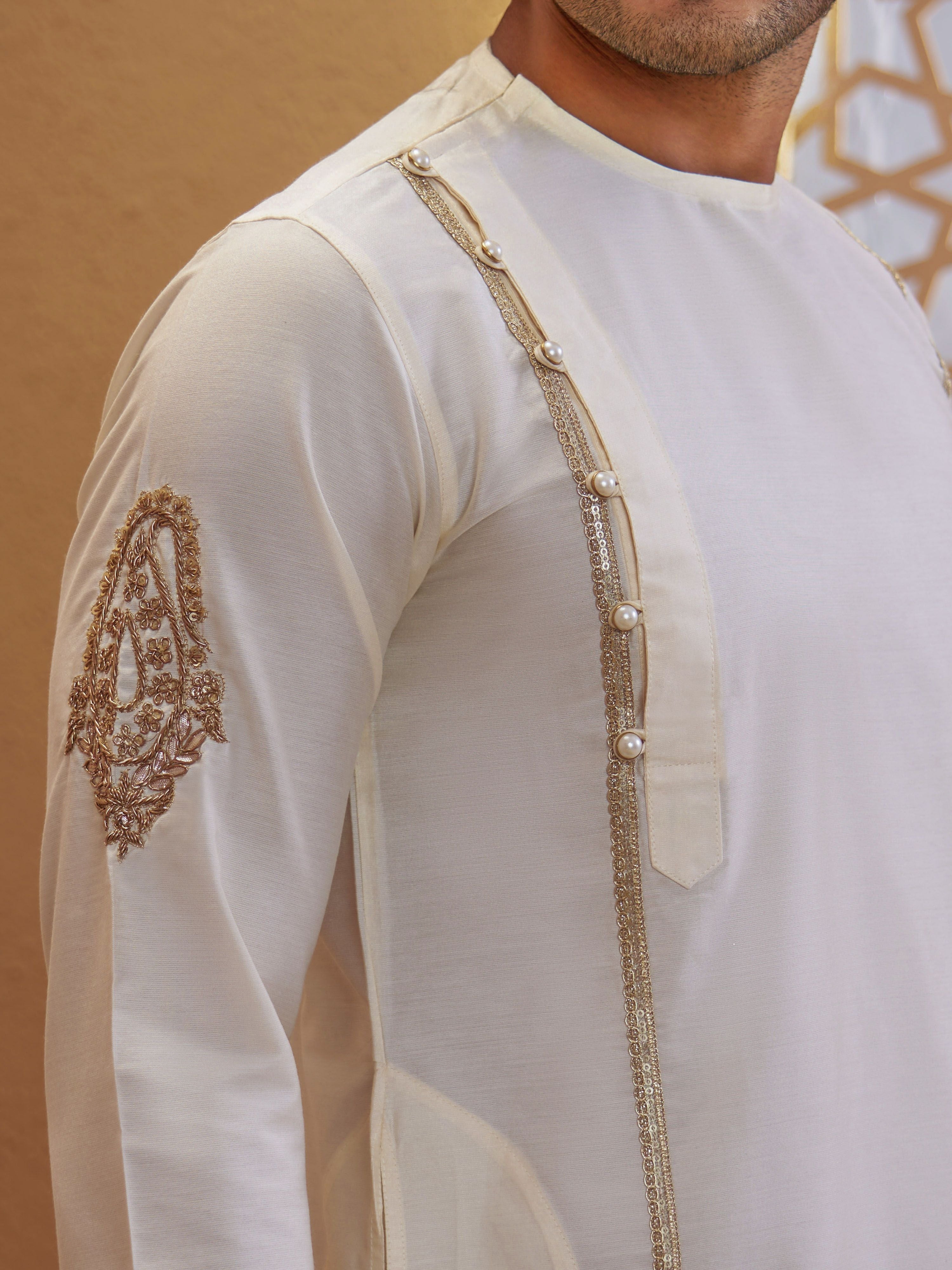 Men's Cream Viscose Embroidered Thigh Length Kurta With Dhoti
