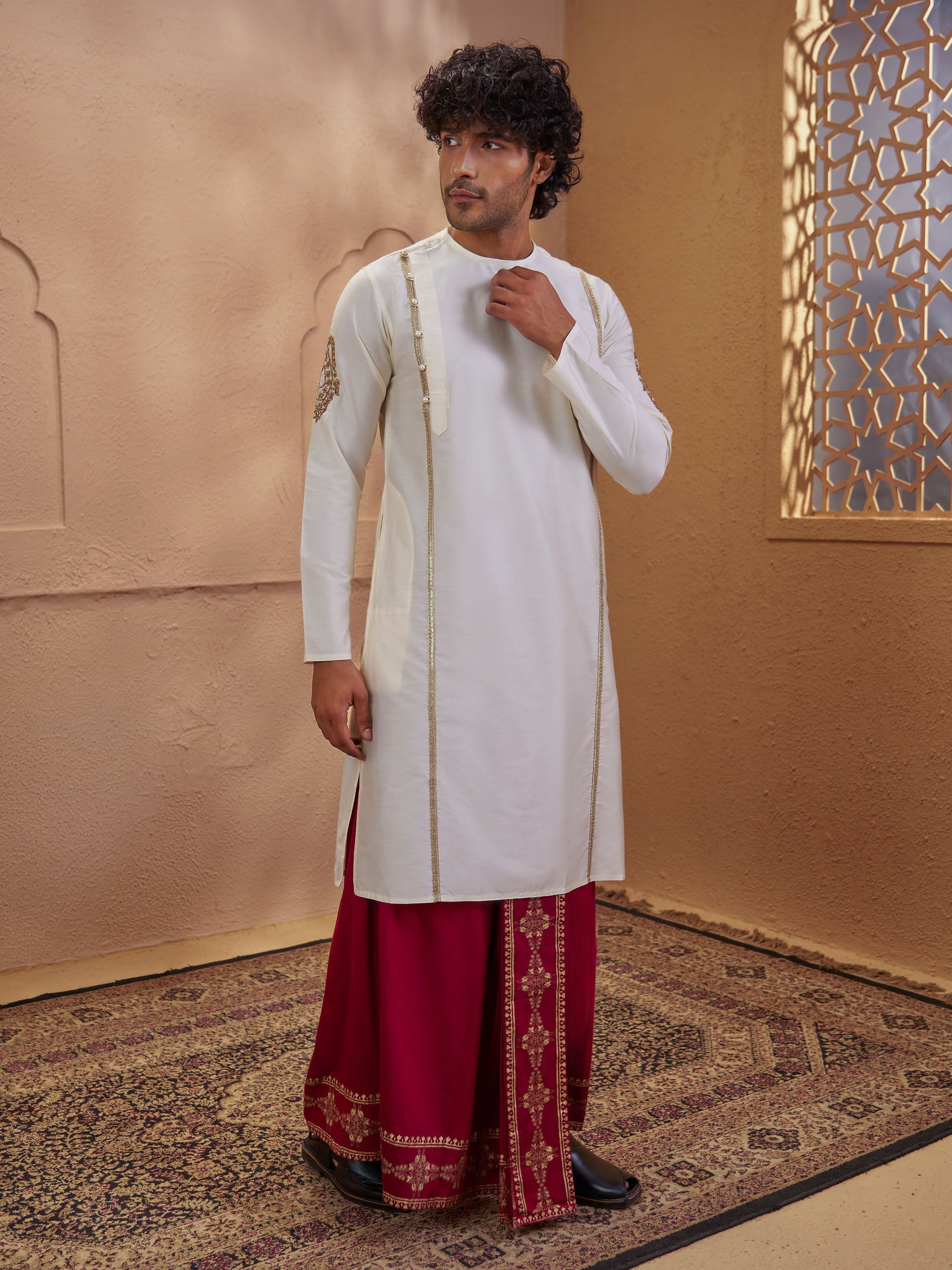 Men's Cream Viscose Embroidered Thigh Length Kurta With Dhoti