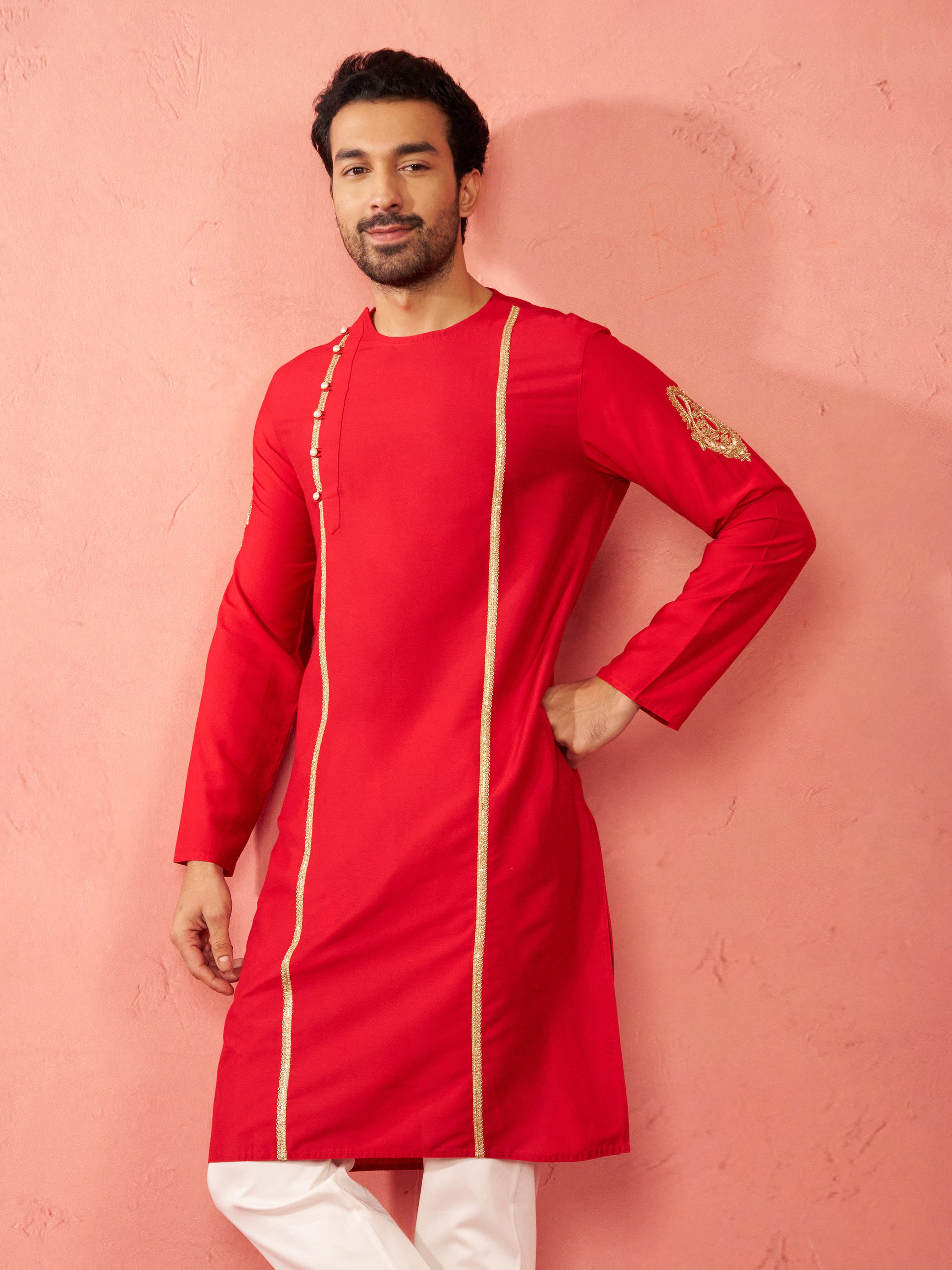 Men's Red Zardozi Embroidered Viscose Kurta