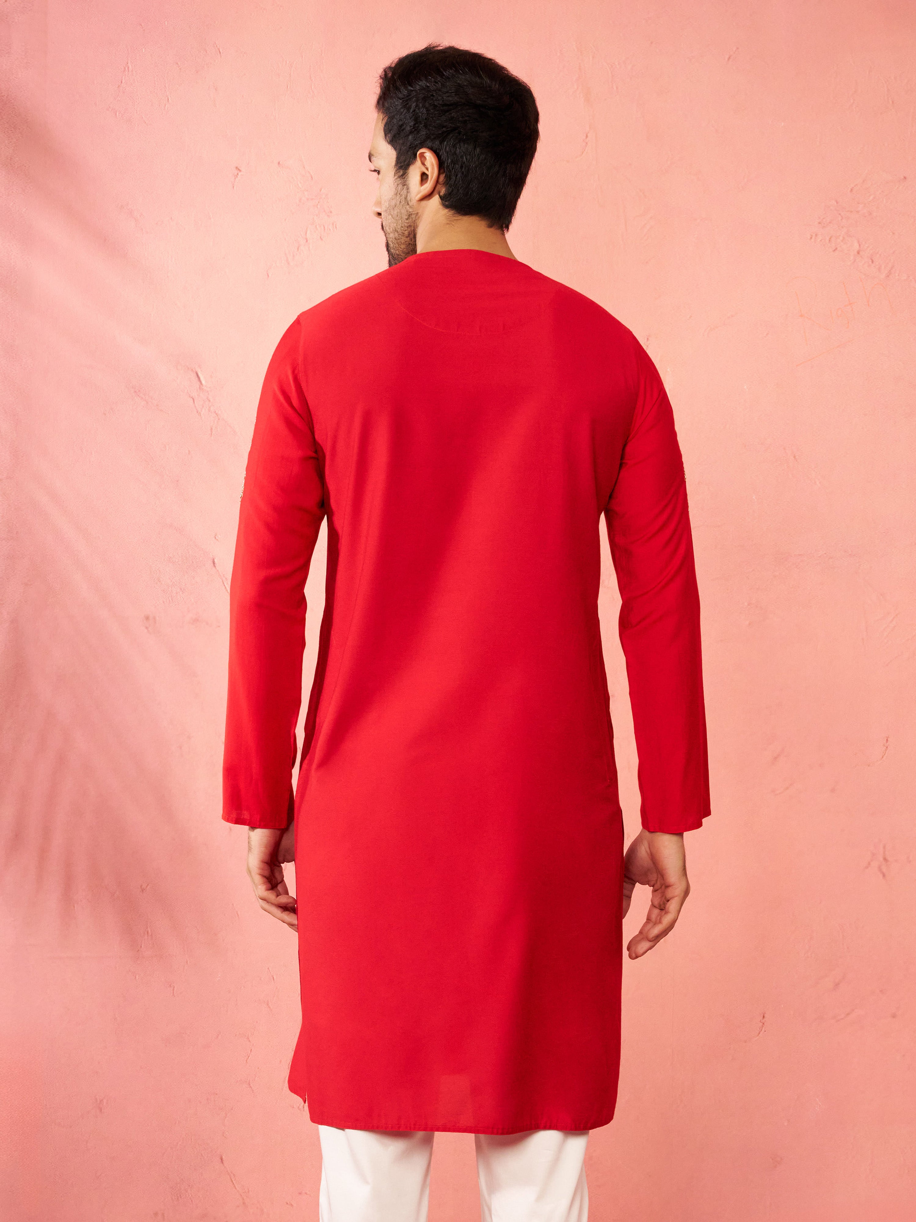 Men's Red Zardozi Embroidered Viscose Kurta