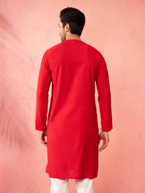 Men's Red Zardozi Embroidered Viscose Kurta