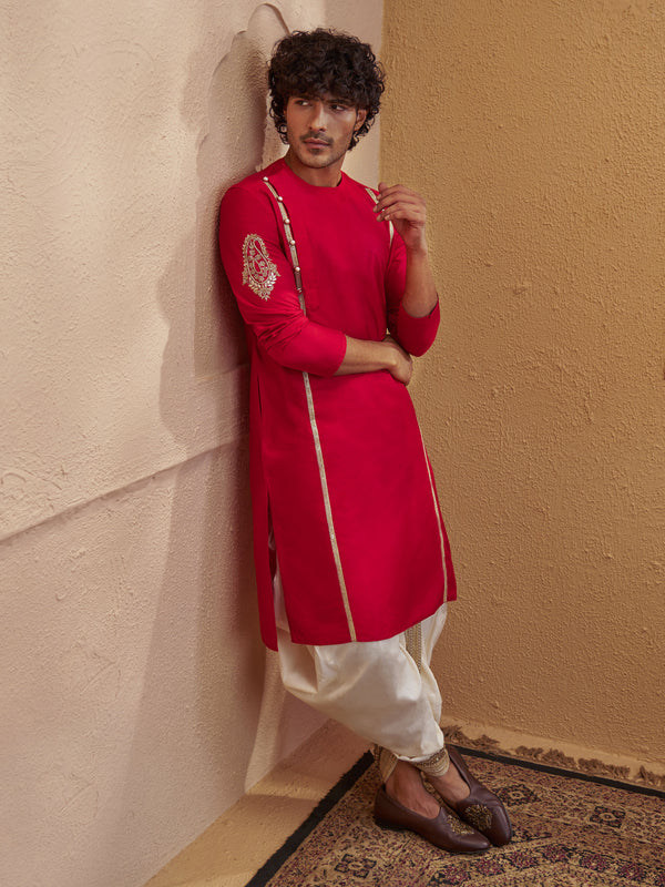 Men Red Silk Blend Zardozi Embroidered Kurta with Cream Dhoti Set
