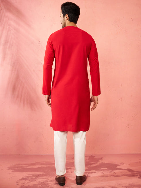 Mens Red Zardozi Kurta Cream Pant Set