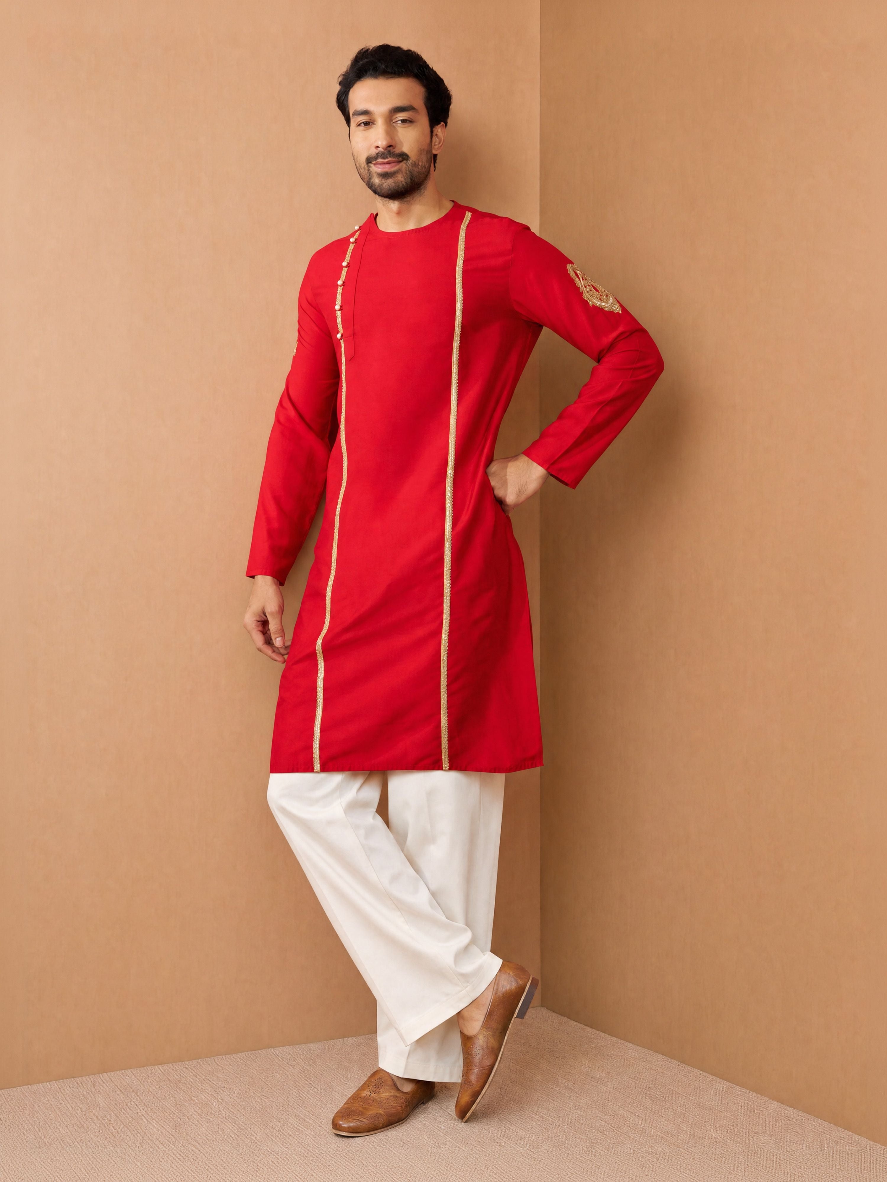 Men Red Viscose Kurta with Wide leg Pant Festive Ethnic Wear