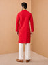 Men's Red Viscose Embroidered Knee Length Kurta with Wide leg Pant for Durga Puja