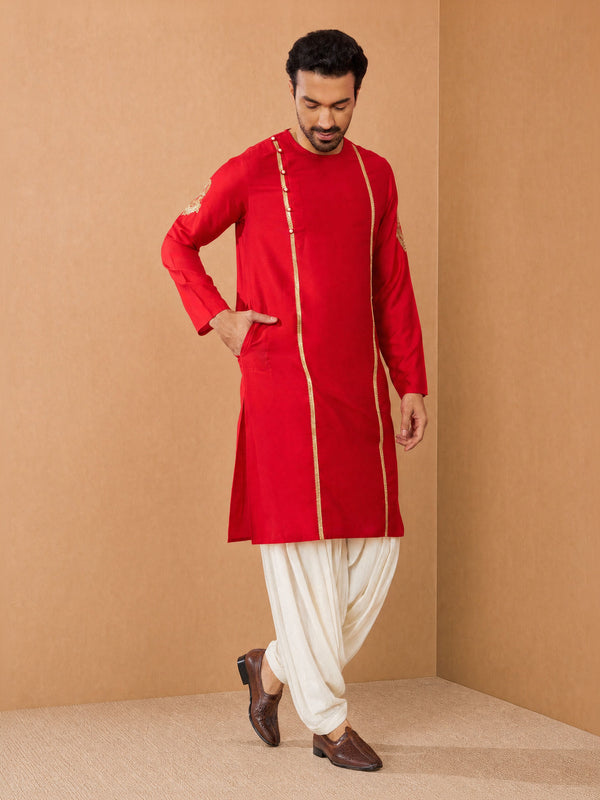 Men Red Viscose Kurta with Patiala Festive Ethnic Wear