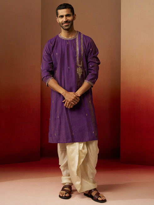 Men's Purple Zari Kurta with Beige Dhoti