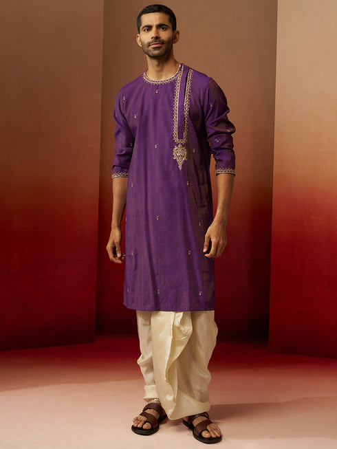 Men's Purple Zari Kurta with Beige Dhoti