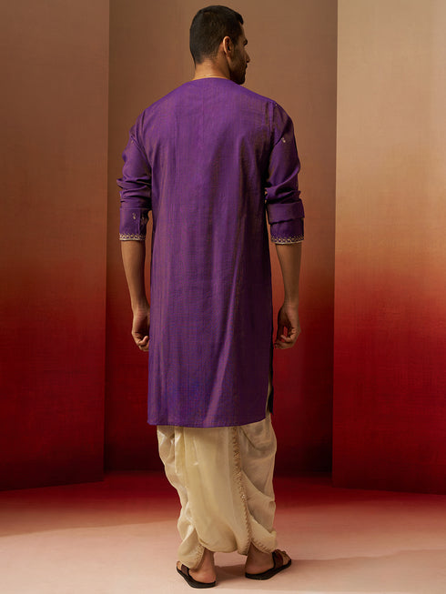 Men's Purple Zari Kurta with Beige Dhoti
