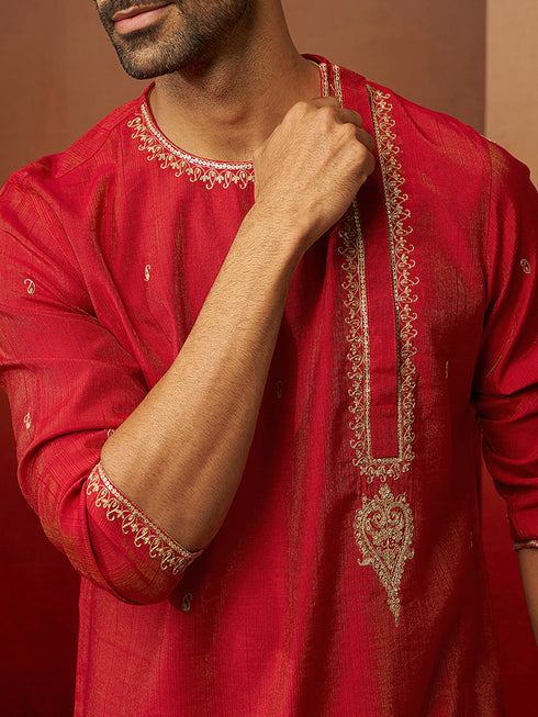 Vastramay Men Red Hand Embroidered Kurta