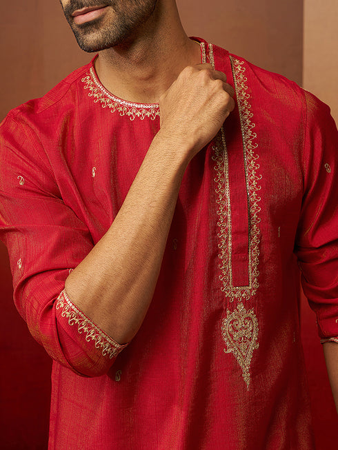 Men's Red Zari Kurta with Beige Dhoti