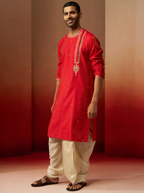 Men's Red Zari Kurta with Beige Dhoti