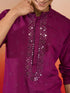 Men's Purple Silk Blend Mirror Work Kurta with Cream Pyjama