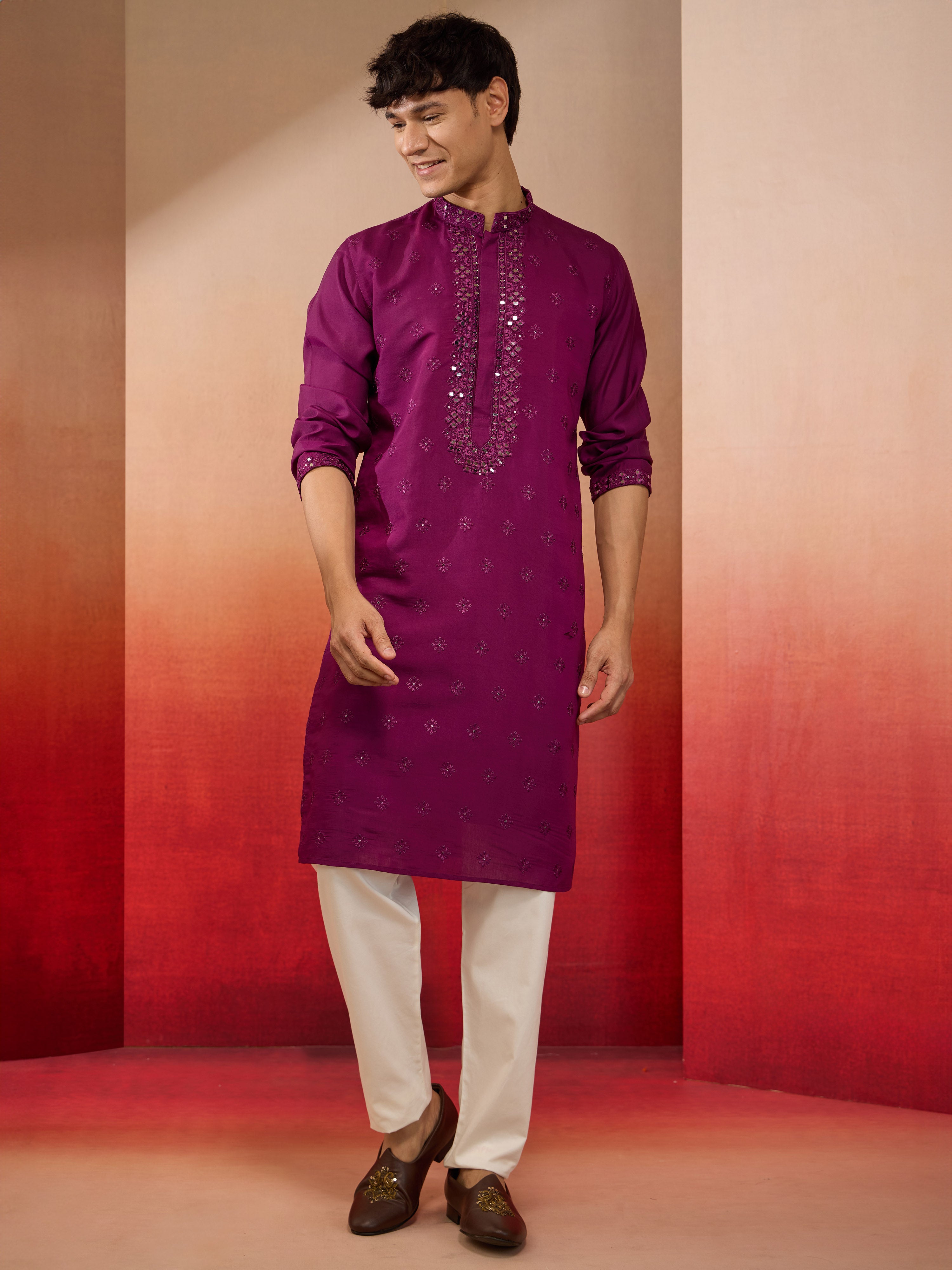 Men's Purple Silk Blend Mirror Work Kurta with Cream Pyjama