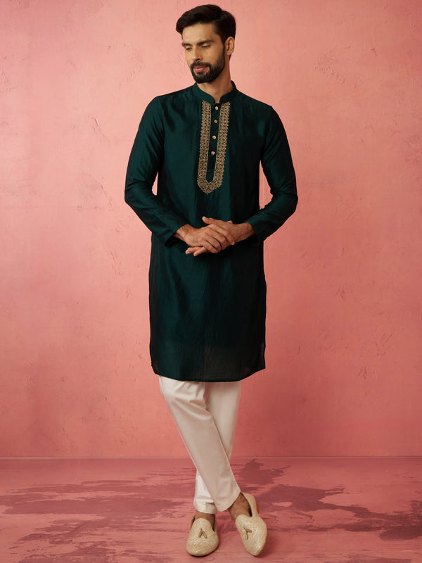 Men's's Bottle Green Silk Kurta with Cream Pyjama - Wedding Set
