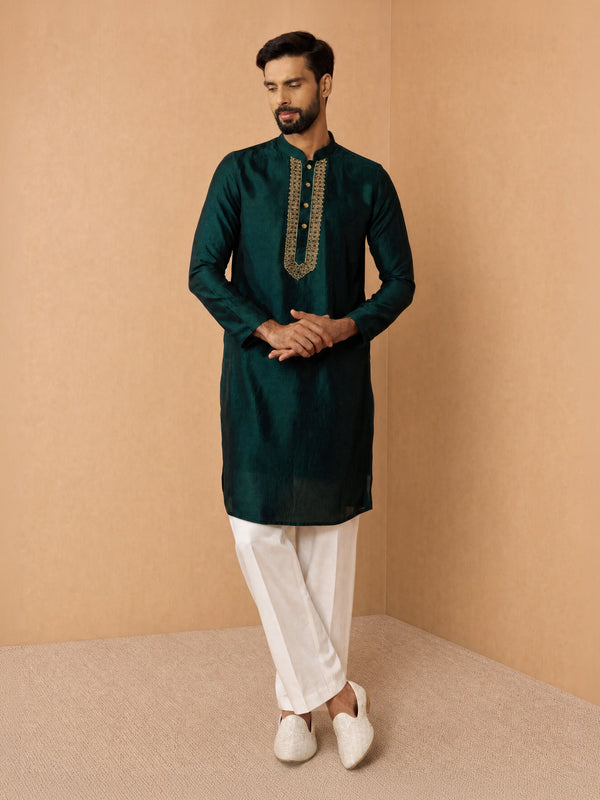 Men Dark Green Silk Blend Kurta with Wide leg Pant Festive Ethnic Wear