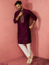 Men's's Wine Silk Kurta with Cream Pyjama - Embroidered Festive Set