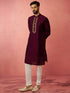 Men's's Wine Silk Kurta with Cream Pyjama - Embroidered Festive Set