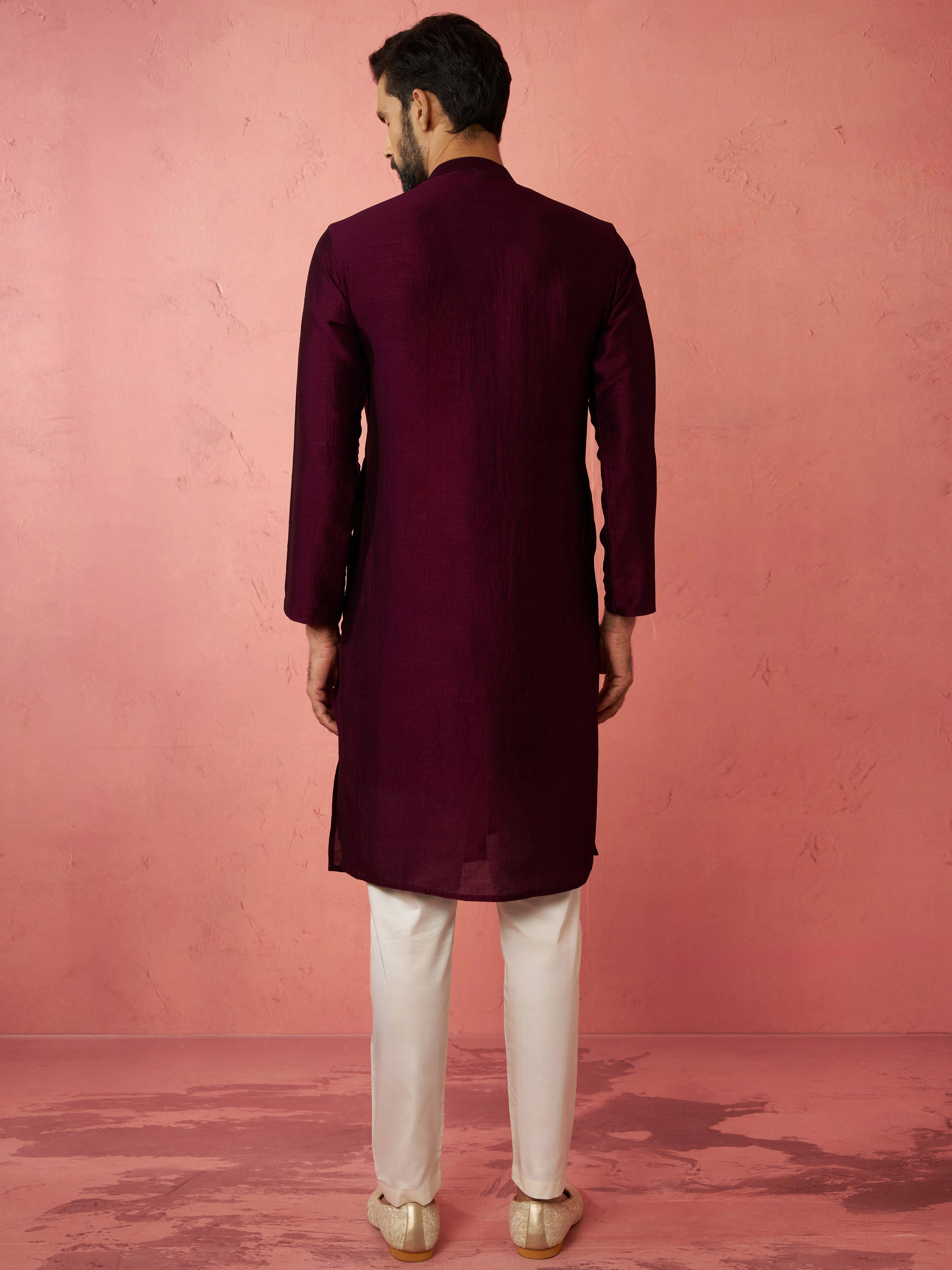 Men's's Wine Silk Kurta with Cream Pyjama - Embroidered Festive Set
