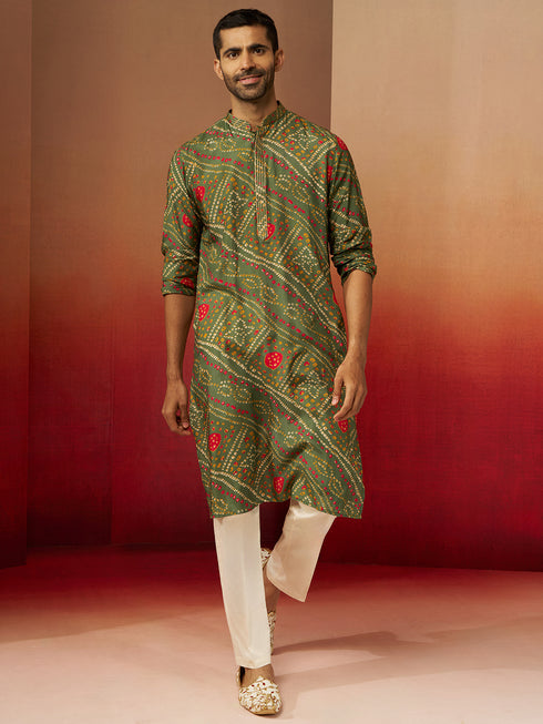 Men's Green Bandhani Kurta with Pyjama